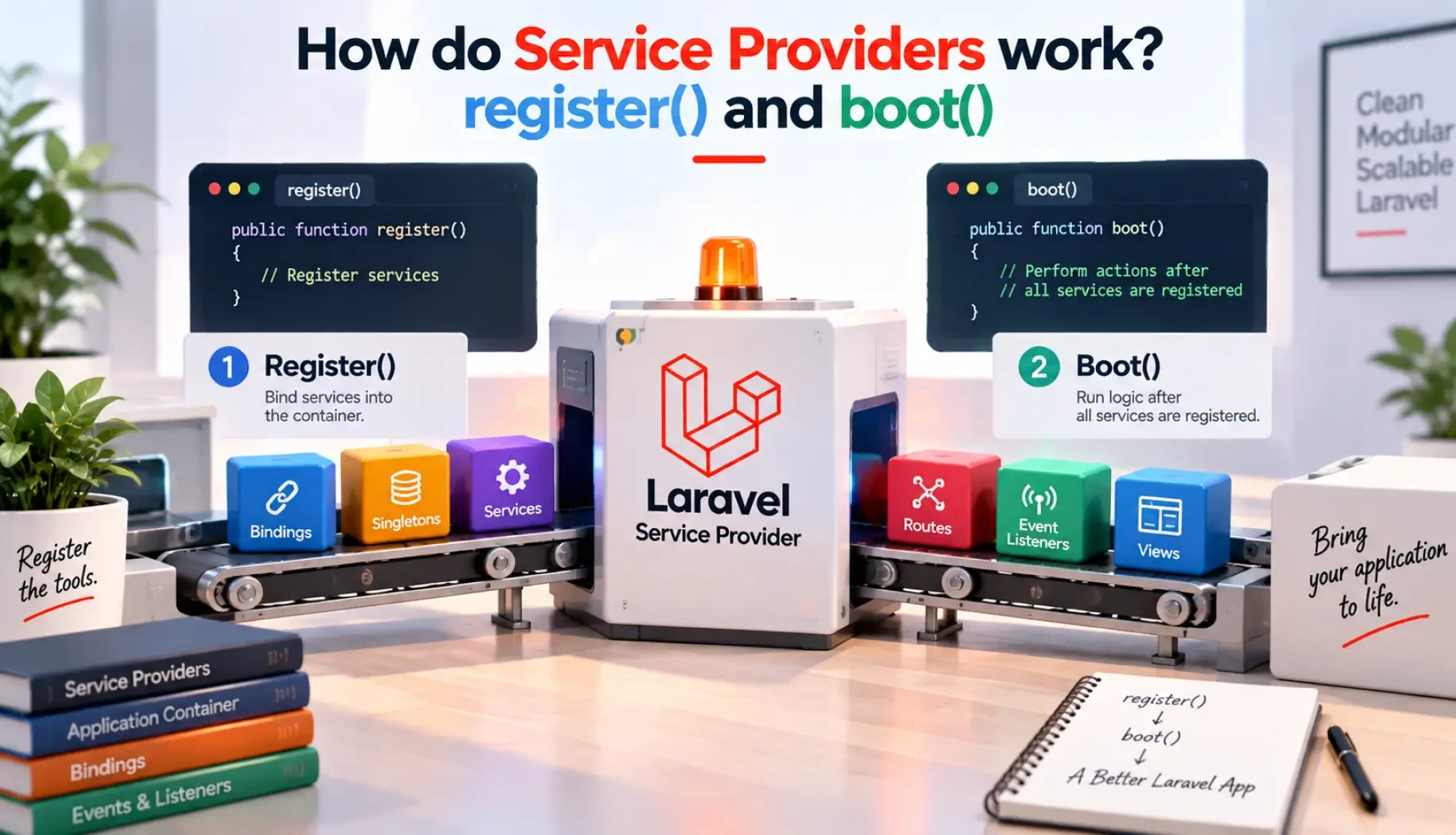 How do service providers work? register() and boot()