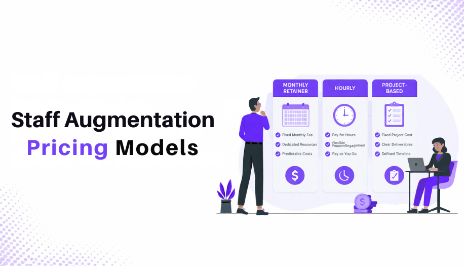 Comparison of staff augmentation pricing models showing monthly retainer vs hourly vs project-based with vendor incentives and best-fit scenarios for 2026